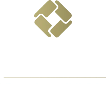 Gold geometric logo with interlocking curved shapes forming a diamond pattern on white background